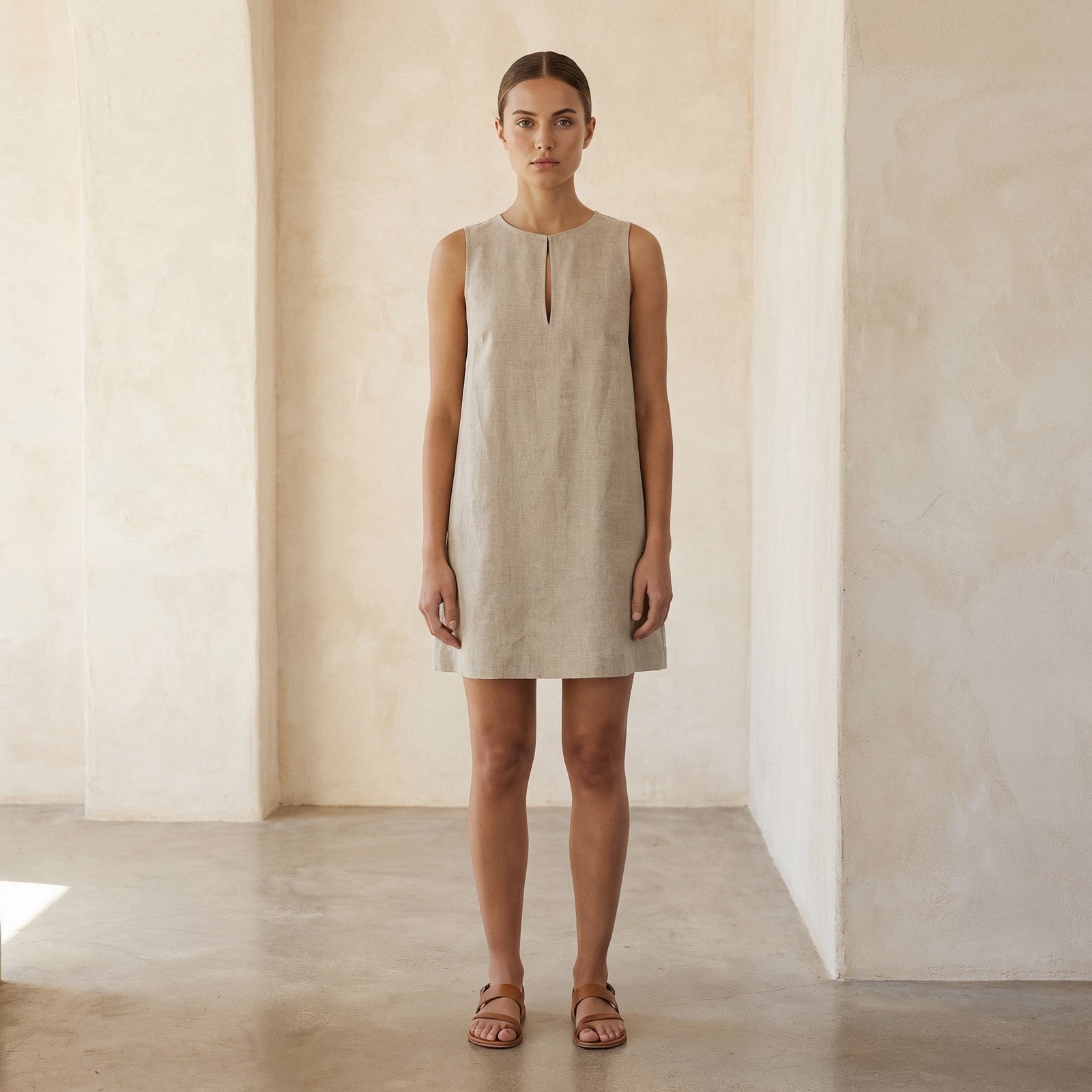 Beige Cotton Linen Sleeveless A-Line Short Shift Dress 46