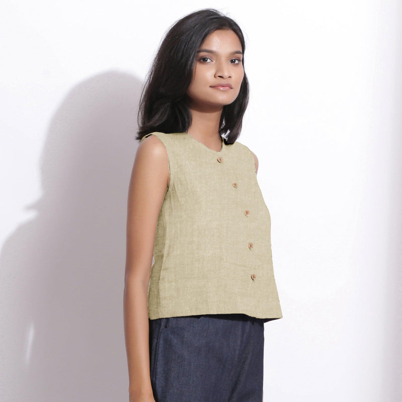 Beige Cotton Linen Sleeveless Button-Down Shirt