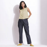 Beige Cotton Linen Sleeveless Button-Down Shirt