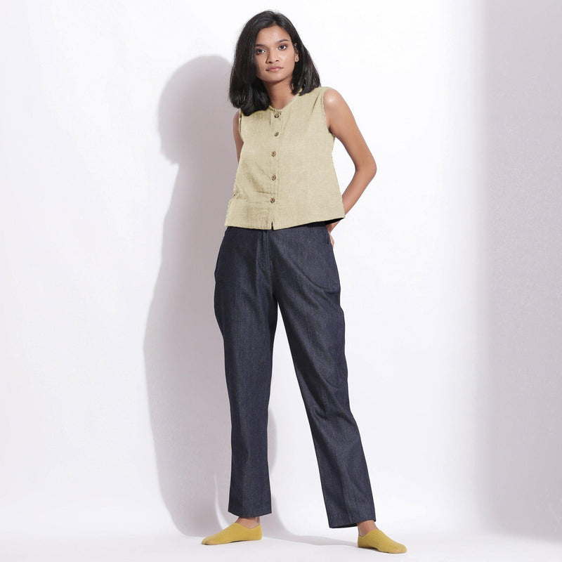 Beige Cotton Linen Sleeveless Button-Down Shirt