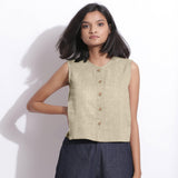 Beige Cotton Linen Sleeveless Button-Down Shirt