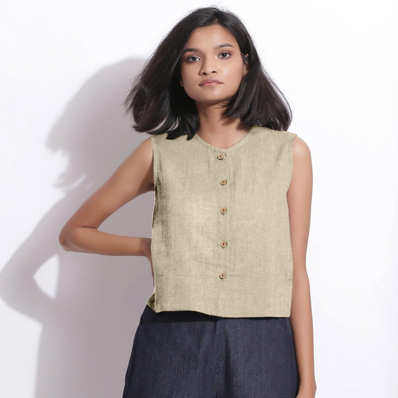 Beige Cotton Linen Sleeveless Button-Down Shirt