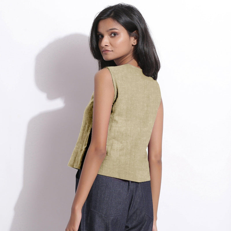 Beige Cotton Linen Sleeveless Button-Down Shirt