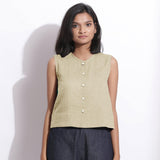 Beige Cotton Linen Sleeveless Button-Down Shirt