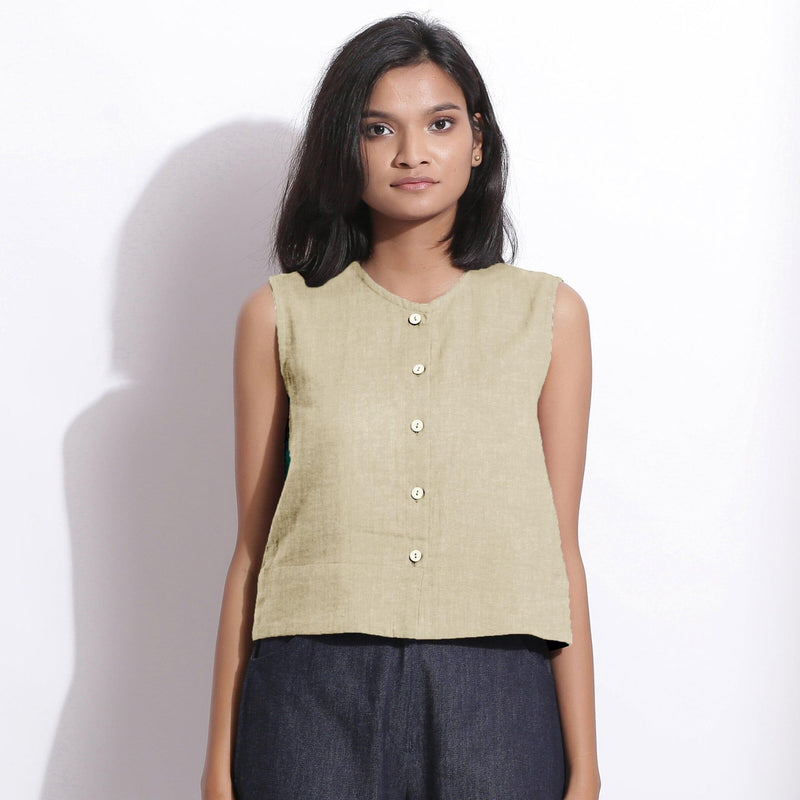 Beige Cotton Linen Sleeveless Button-Down Shirt