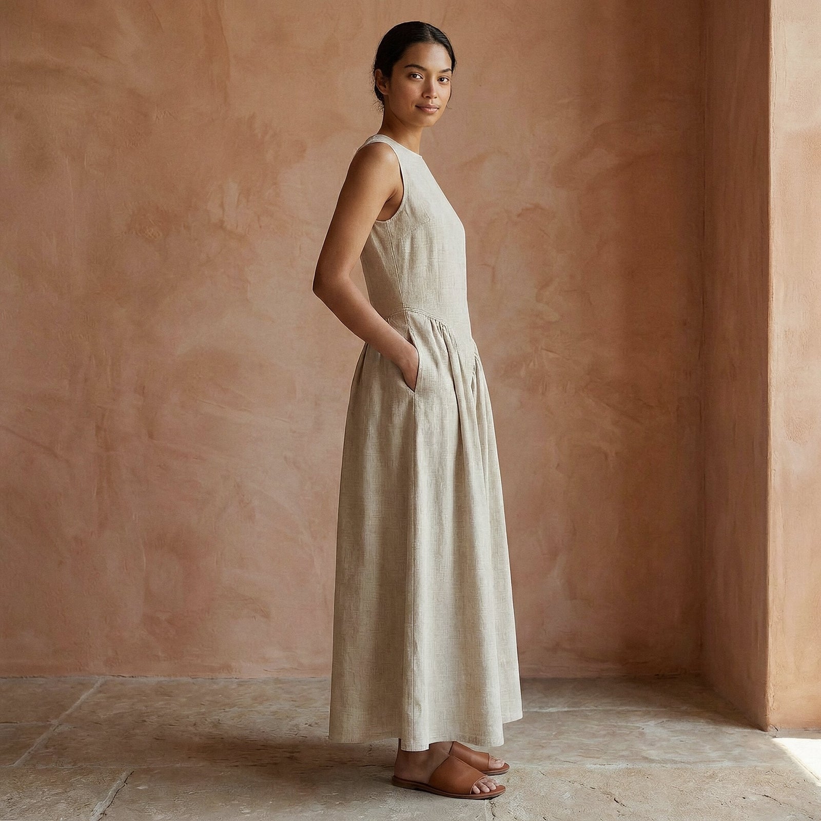linen maxi dress beige Dress Igone Linen Beige  Marielle Stokkelaar
