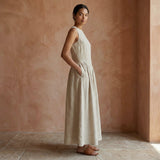 Beige Cotton Linen Sleeveless Paneled Maxi Dress
