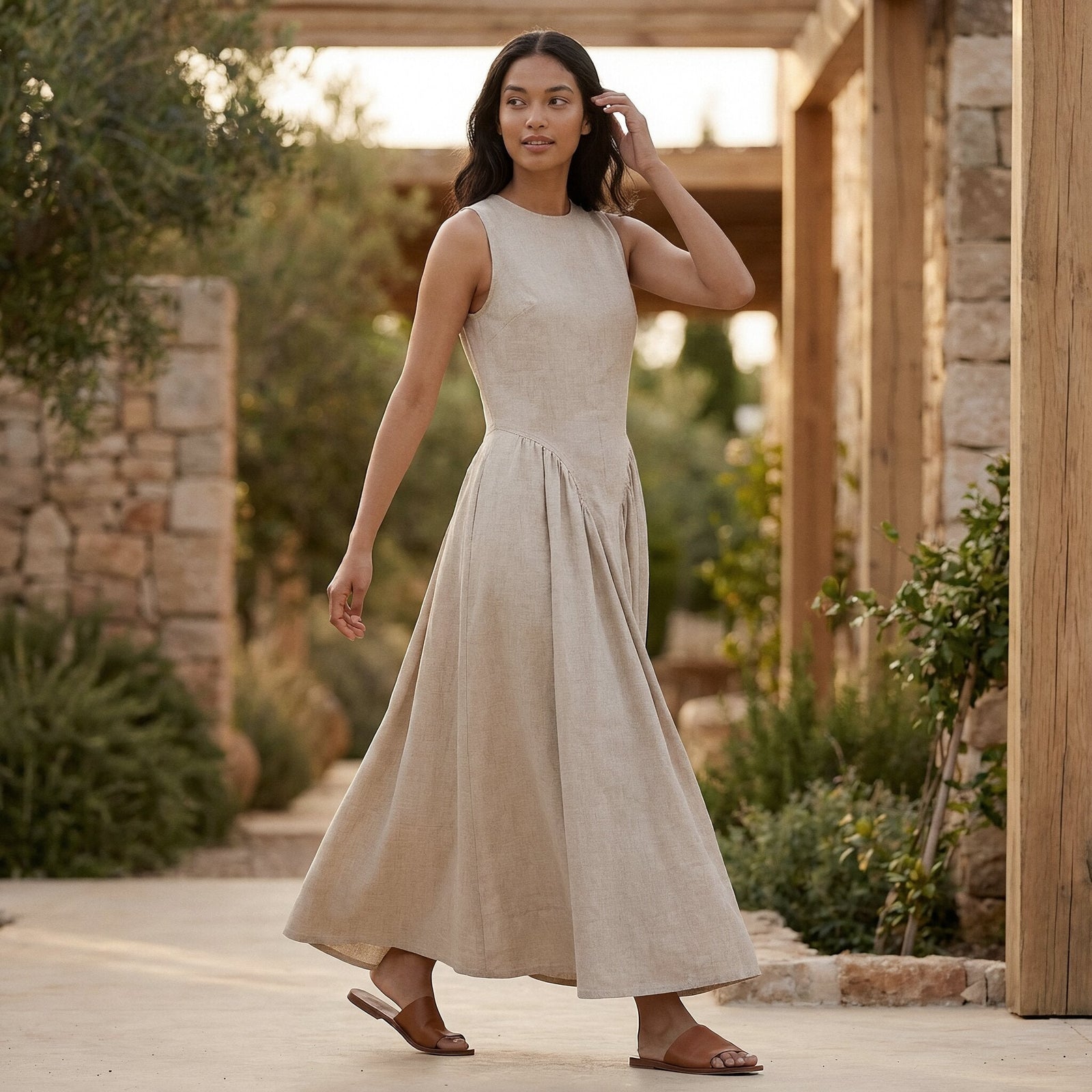 beige cotton maxi dress Beige Cotton Flax Deep-V Neck Empire Waist Maxi Dress 28" / Tall (5'7" and above)