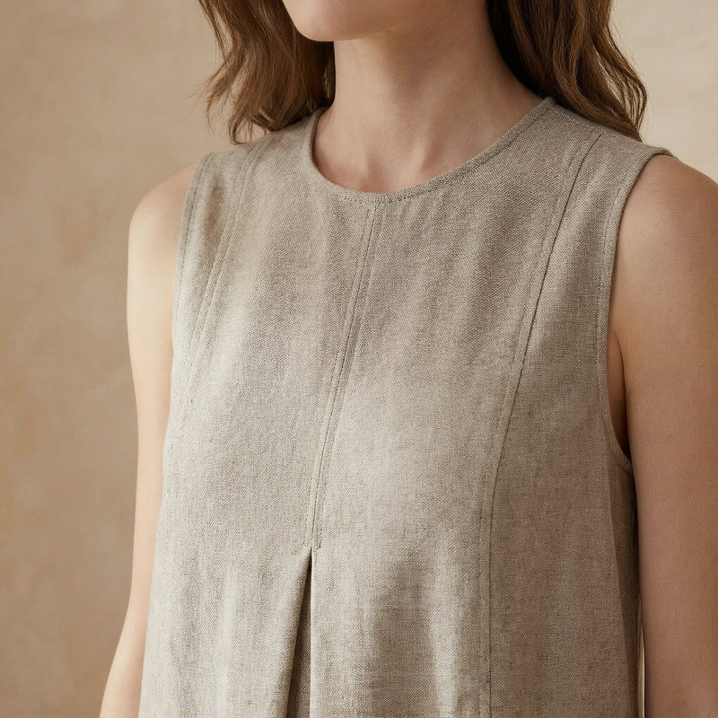 Beige Cotton Linen Sleeveless Paneled Swing Dress 66