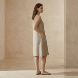 Beige Cotton Linen Sleeveless Paneled Swing Dress
