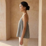 Beige Cotton-Linen Spaghetti Strap Top with Elastic Gathered Back
