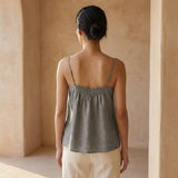 Beige Cotton-Linen Spaghetti Strap Top with Elastic Gathered Back