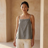 Beige Cotton-Linen Spaghetti Strap Top with Elastic Gathered Back