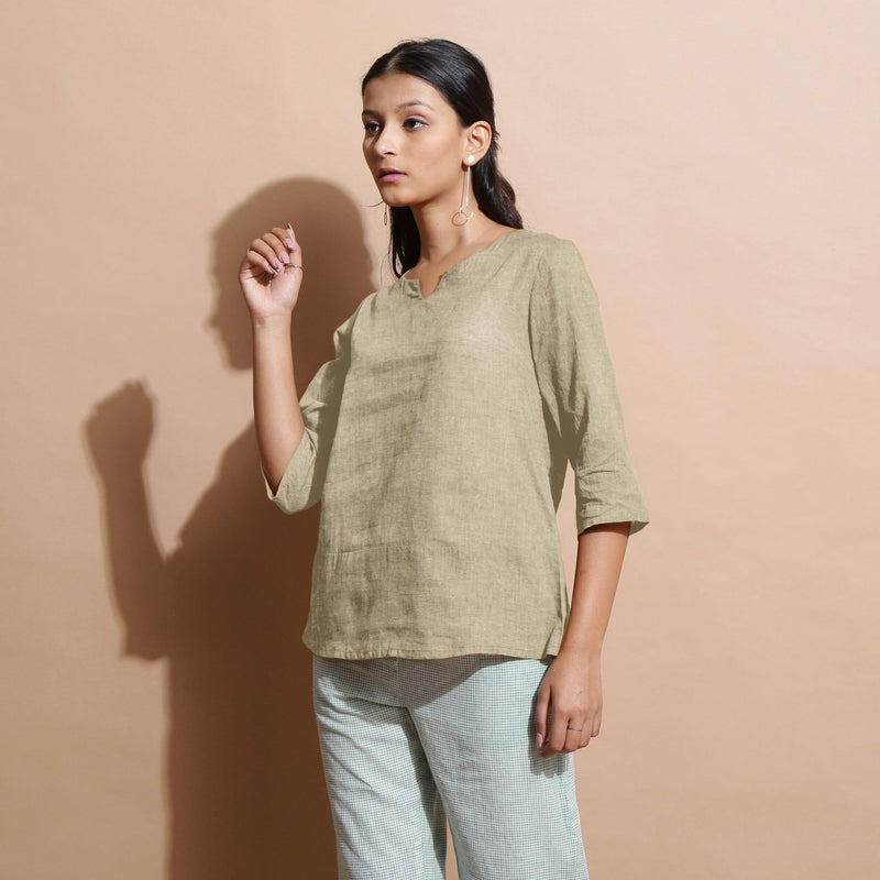 Beige Cotton Linen Split-Neck Tunic Top
