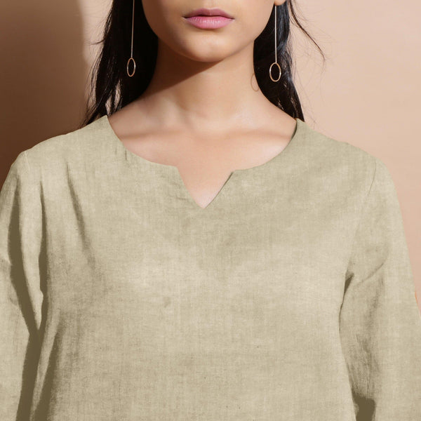 Beige Cotton Linen Split-Neck Tunic Top