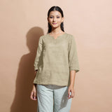 Beige Cotton Linen Split-Neck Tunic Top