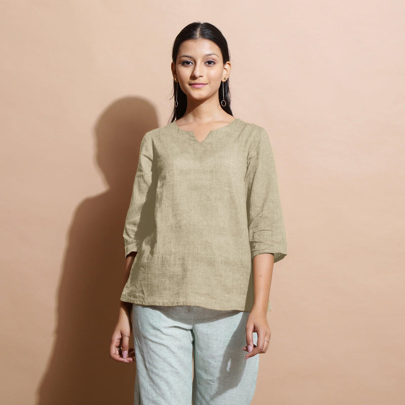 Beige Cotton Linen Split-Neck Tunic Top