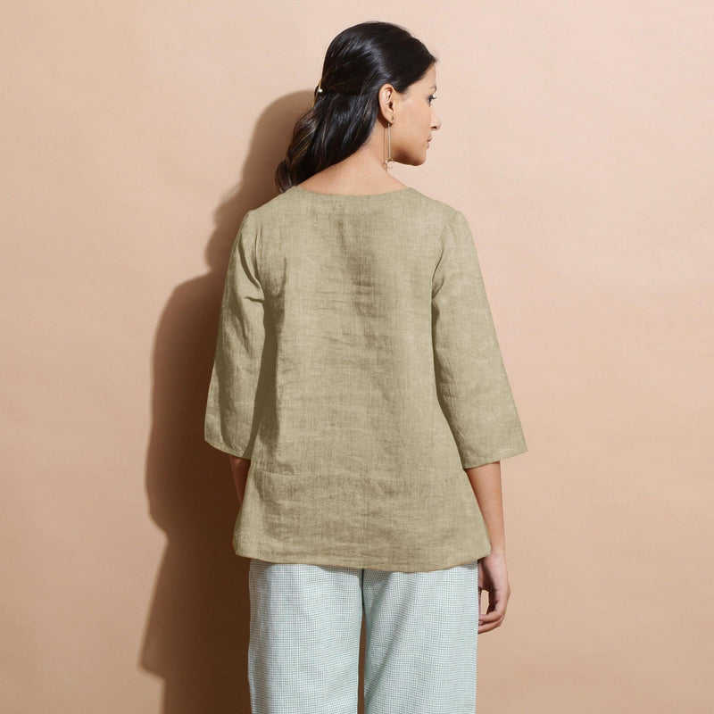 Beige Cotton Linen Split-Neck Tunic Top
