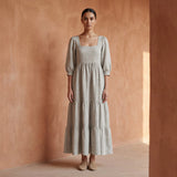 Beige Cotton Linen Square Neck Tiered Midi Dress