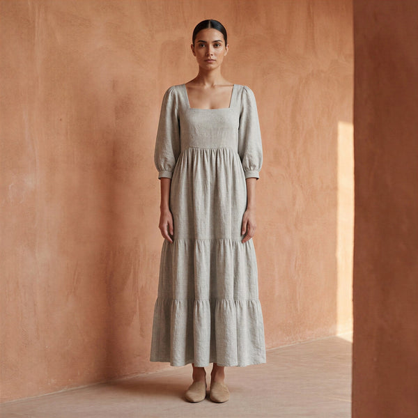 beige linen maxi dress Cotton Square Neck Tiered Midi 48
