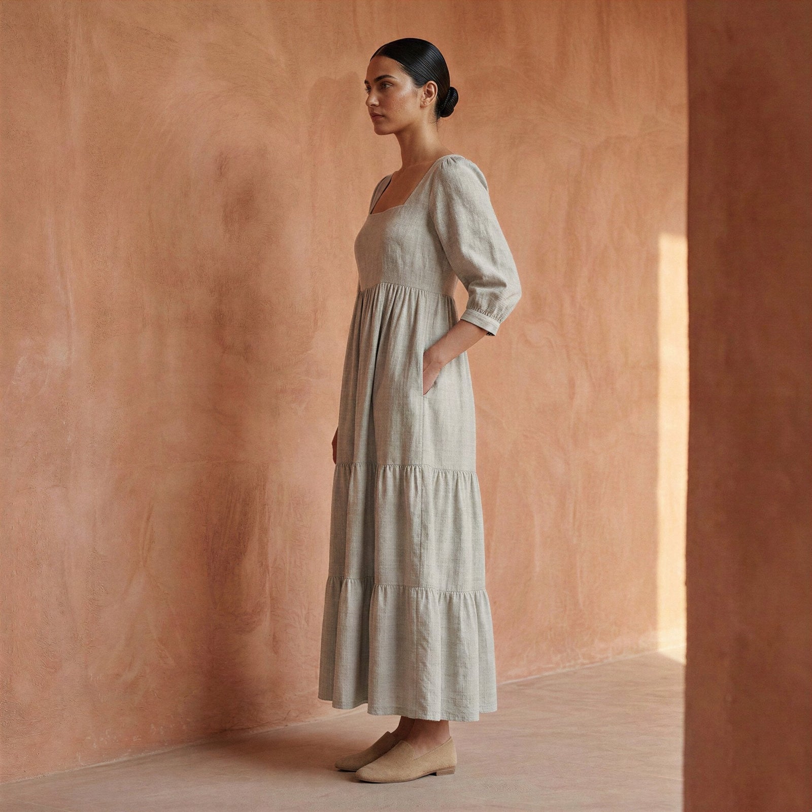 cotton beige dress Linen Square Neck Tiered Midi 48