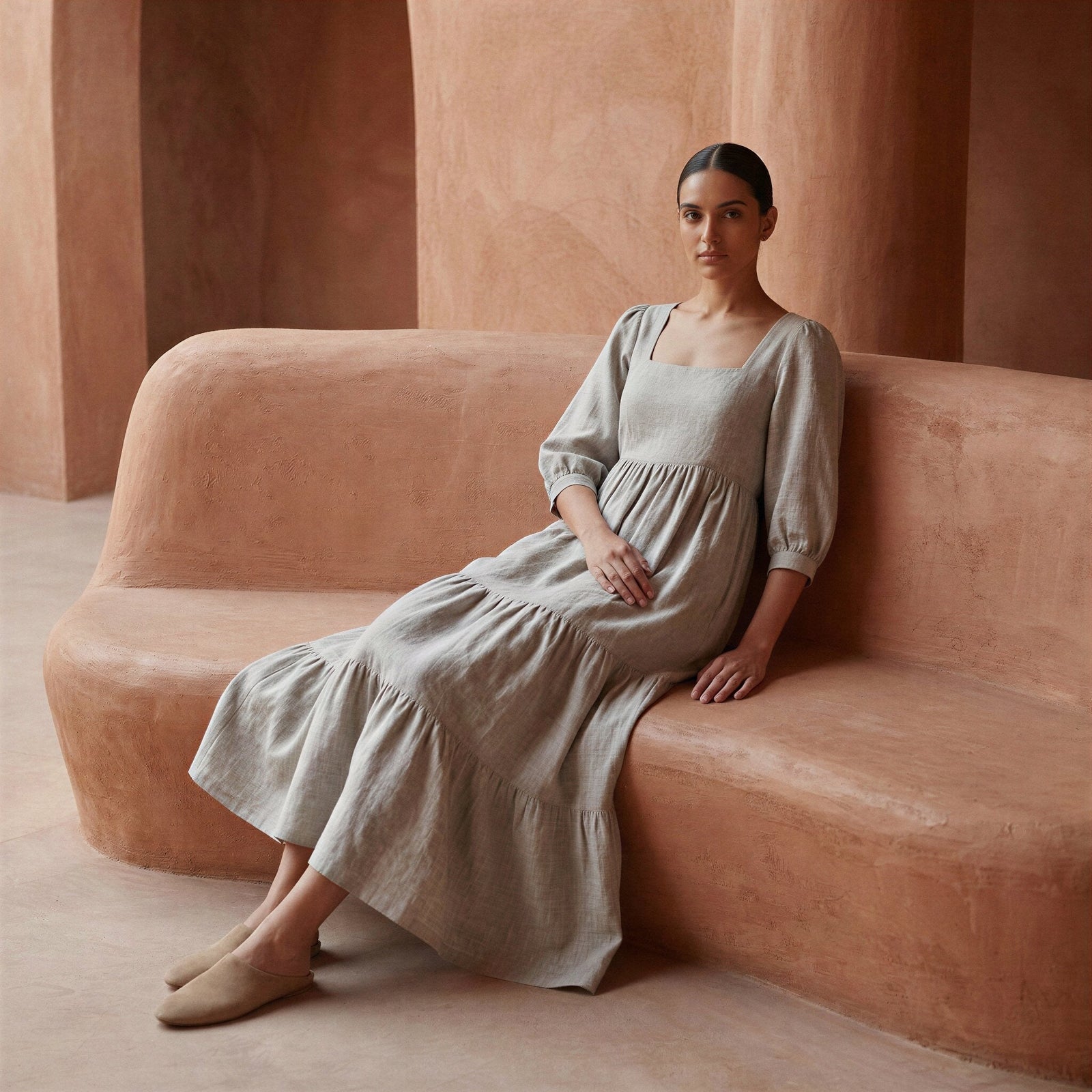 Beige Cotton Linen Square Neck Tiered Midi Dress 48