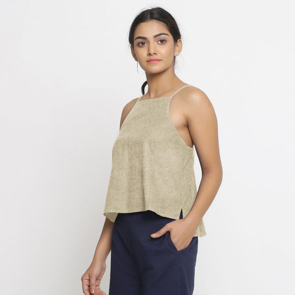 Beige Cotton Linen Strap Sleeve Spaghetti Top
