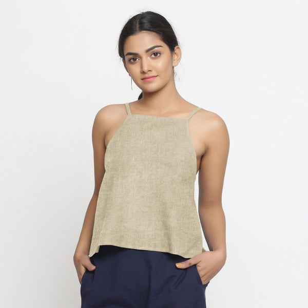 Beige Cotton Linen Strap Sleeve Spaghetti Top