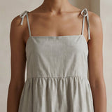 Beige Cotton Linen Tie-Strap Tiered Short Sundress