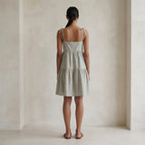 Beige Cotton Linen Tie-Strap Tiered Short Sundress