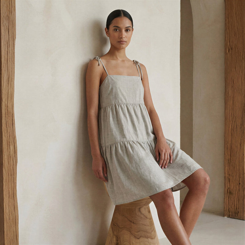 Beige Cotton Linen Tie-Strap Tiered Short Sundress 66" / Petite (5'1" and below) Beige Cotton Linen Tie-Strap Tiered Short Sundress 66" / Petite (5'1" and below)