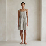 Beige Cotton Linen Tie-Strap Tiered Short Sundress