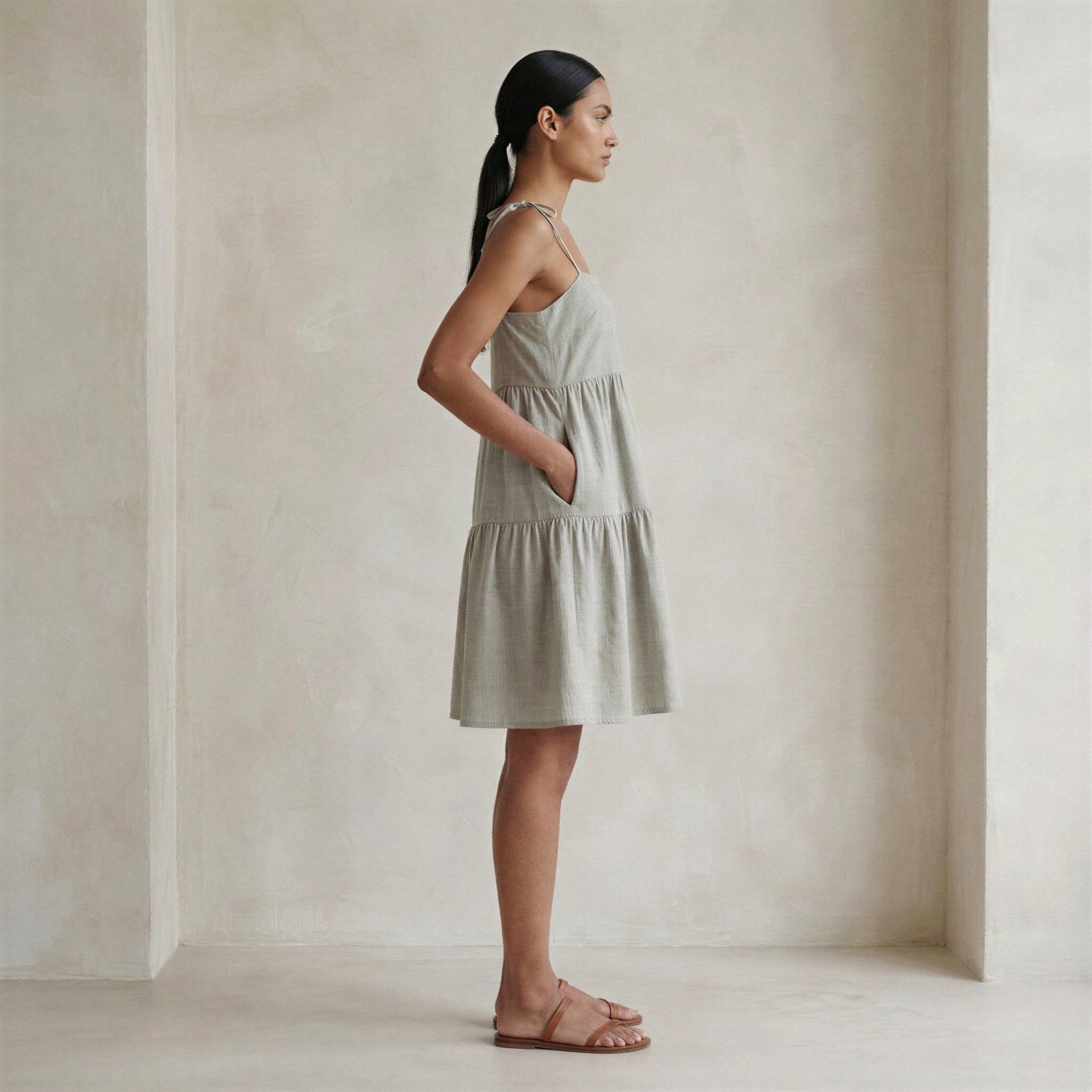 beige linen dress Cotton Tie-Strap Tiered Short Sundress 66