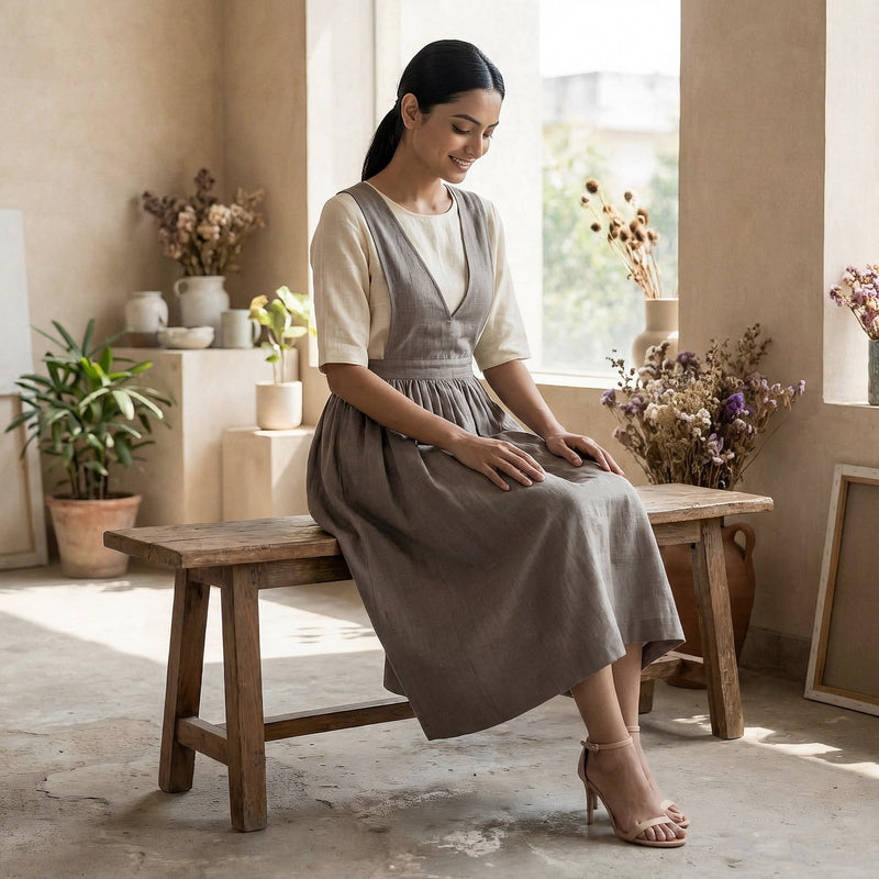 Beige Cotton-Linen V-Neck Pinafore Midi Wrap Dress 48