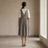 Beige Cotton-Linen V-Neck Pinafore Midi Wrap Dress