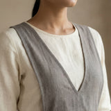 Beige Cotton-Linen V-Neck Pinafore Midi Wrap Dress
