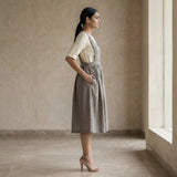 Beige Cotton-Linen V-Neck Pinafore Midi Wrap Dress