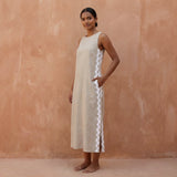 Beige Cotton Linen Wavy Stripe Maxi Shift Dress