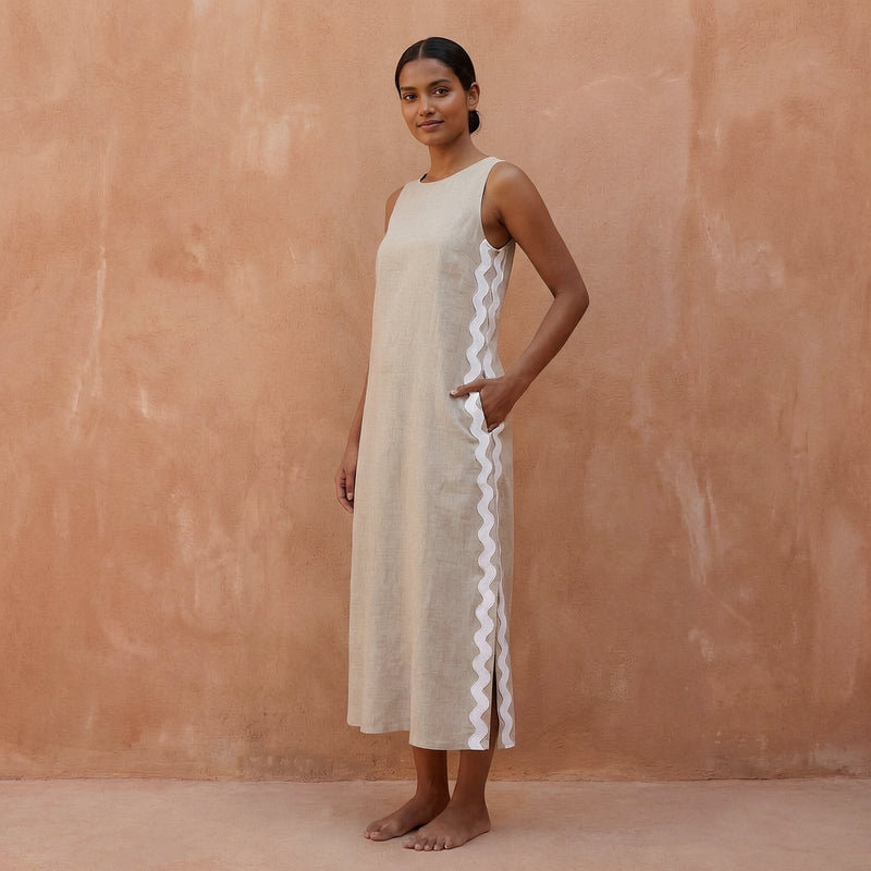 beige linen shift dress Cotton Wavy Stripe Maxi 48