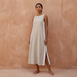 Beige Cotton Linen Wavy Stripe Maxi Shift Dress