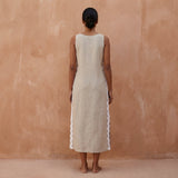 Beige Cotton Linen Wavy Stripe Maxi Shift Dress