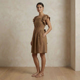 Beige Cotton Open-Back Fit and Flare Knee Length Dress
