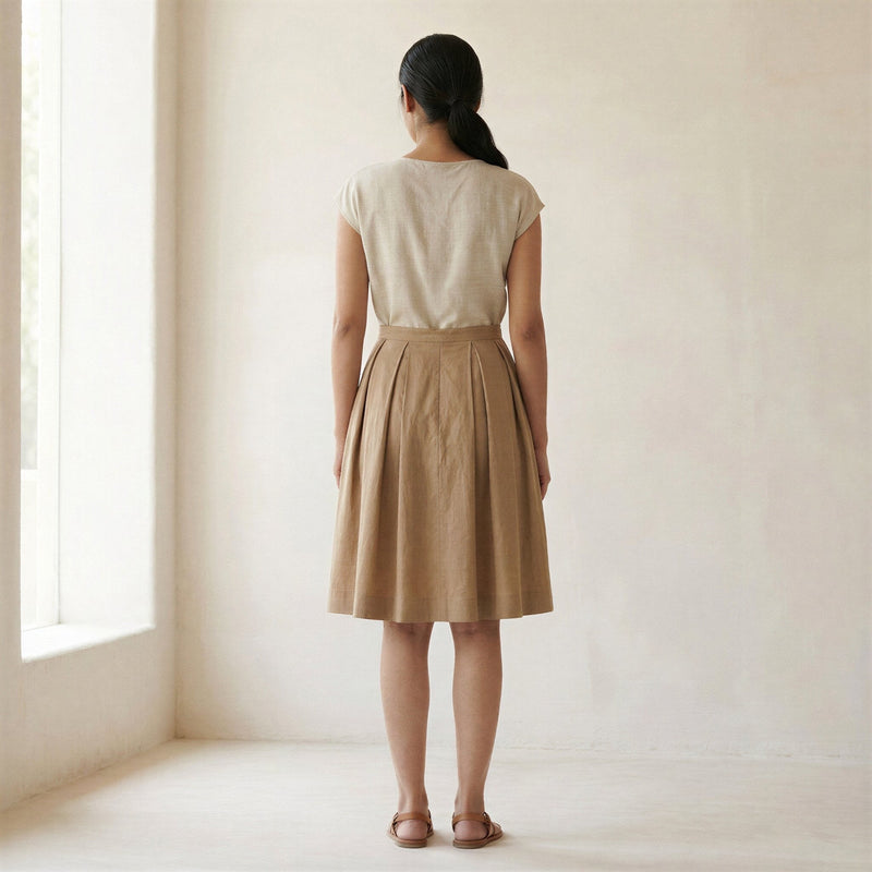 knee length dress skirts Beige Cotton Pleated Knee-Length Skirt 55