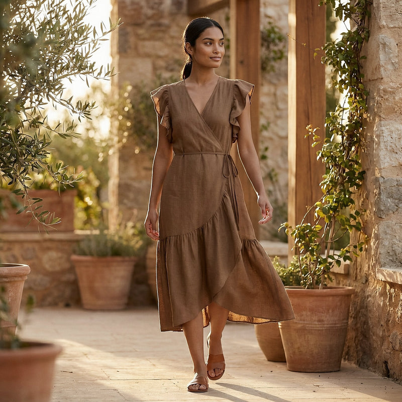 cotton wrap dress Buy Beige Cotton Ruffle Midi Wrap Dress Online at SeamsFriendly