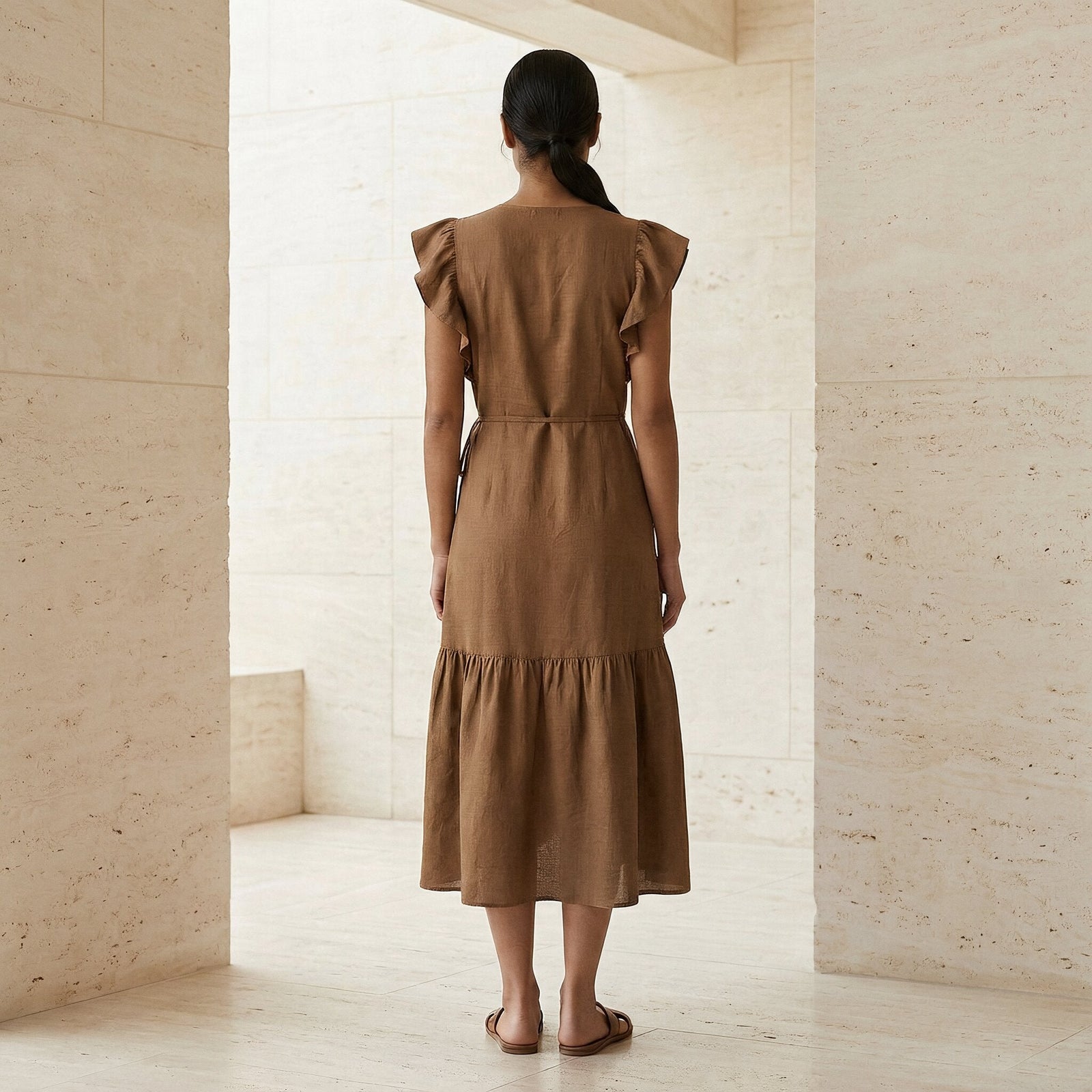 Buy Beige Cotton Ruffle Midi Wrap Dress Online at SeamsFriendly