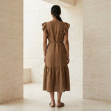 Beige Cotton Ruffle Midi Wrap Dress