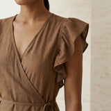 Beige Cotton Ruffle Midi Wrap Dress