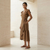 Beige Cotton Ruffle Midi Wrap Dress