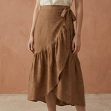 Beige Cotton Ruffle Midi Wrap Skirt