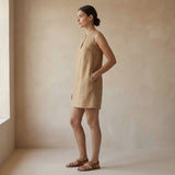 Beige Cotton Sleeveless A-Line Short Shift Dress